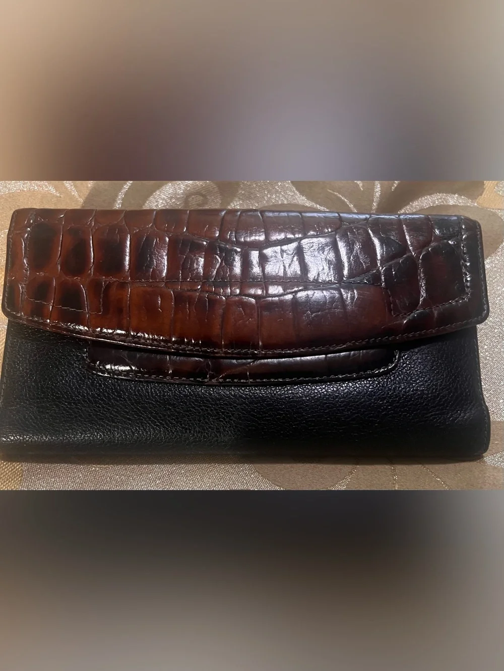 Vintage Brahmin Two-Tone Leather Tri-Fold Checkbook Wallet- Black & Brown Croc